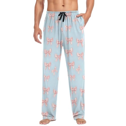 Men’s Small Pink Bows Pajama Pants with Pockets, Comfortable Lounge Sleep Bottoms#3253