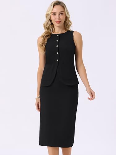Seta T Women's Summer 2 Piece Suit Skirt Set Business Work Set Button Down Sleeveless Vest Blazer and Pencil Skirt4