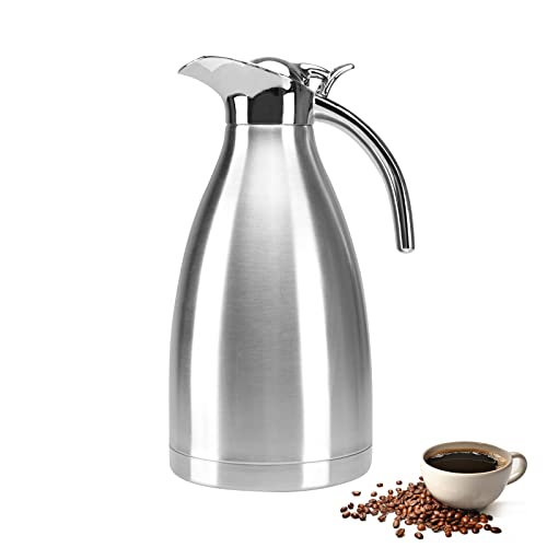 Pichet Isotherme 2L Thermos, Carafes à café, 304 Acier Inoxydable Double-Wall Vacuum Isolé Café Pot Thermos, pour Eau Chaud au Bureau, Hôtel et Restaurant, avec Poignée et Bec Cover