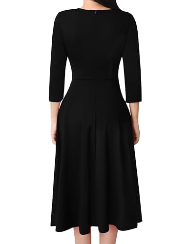 VFSHOW Womens Front Zipper Slim Wear to Work Business Office A-Line Midi Dress Three Quarter Sleeve Crisscross Waist Church Mid-Calf Fit and Flare Dress (Black, Large) 10823 BLK L4