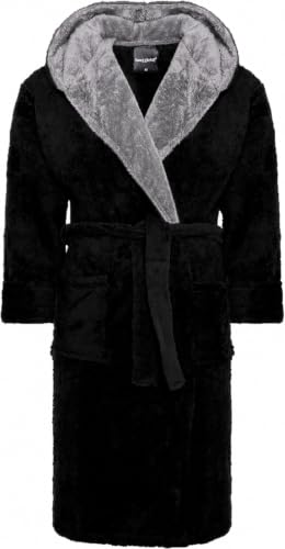 SnuggleME Dressing Gowns for Men | Super Soft Snuggle Hooded Dressing Gown | Men's Warm and Cozy Fleece Nightwear Robe | Gifts for Him L BLACK/grey