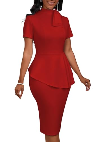 Image of PerZeal Women's Fashion Peplum Bodycon Short Sleeve Work Dresses Bow Club Ruffle Pencil Formal Cocktail Dress
