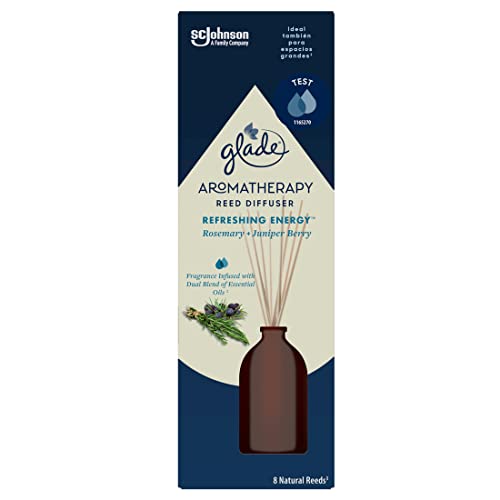 Glade Aromatherapy Varillas Fragancia Refreshing Energy, Romero y Enebro, Líquido con Aceites Esenciales, 8 Varillas de Ratán, 45 Días de Duración, 70 ml