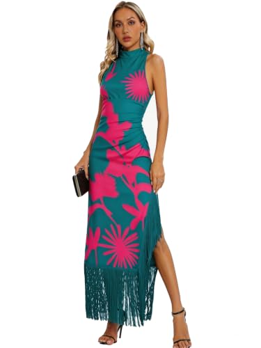 Image of Aigeman Women Vintage Flapper Dresses 1920s Great Gatsby Halter Fringed Maxi Dress Tassels High Split Formal Dress 19