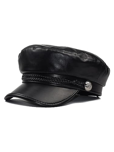 Nanwansu Women Fiddler Cap Newsboy Hat PU Leather Visor Beret Cap Black
