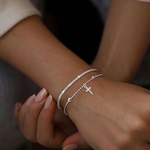 Cross Bracelet for Women 925 Sterling Silver Dainty Beaded Shiny Cross Pendant Bracelets Simple Trendy Cute Cross Charm Chain Bracelet Faith Jewelry Religious Minimalist Gifts for Teen Girls3