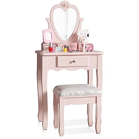 Kids Dressing Table with Mirror and Stool, Pink Children's Vanity Set with Flip Up Heart Mirror and 3 Drawers, Girls Makeup Desk for Age 3-9 Cover