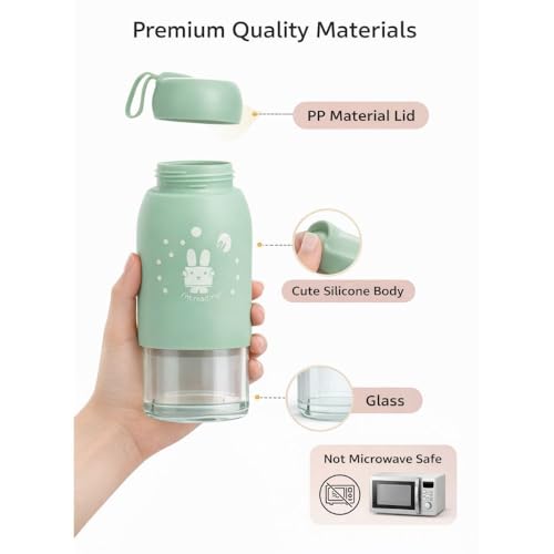Image of Mini Glass Water Bottle 330 ml with Silicone Sleeve, Leak Proof Small Reusable Bottle for Kids, School, Office and Travel, Pack of 1