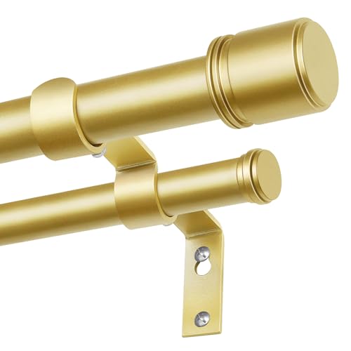 BOLITE Double Curtain Pole Gold 167-305 cm 25 mm Extendable Curtain Poles for Eyelet Curtains Heavy Duty Metal Curtains Rod with Cap Finials Brackets Wall Mounted Curtains Poles for Bedroom