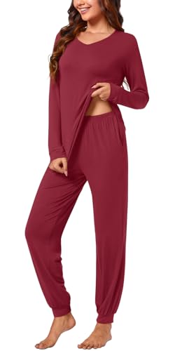 syoss Womens Pajama Set Long Sleeve Sleepwear Fall V-Neck Nightwear Soft Pjs 2 Piece Lounge Sets with Pockets3