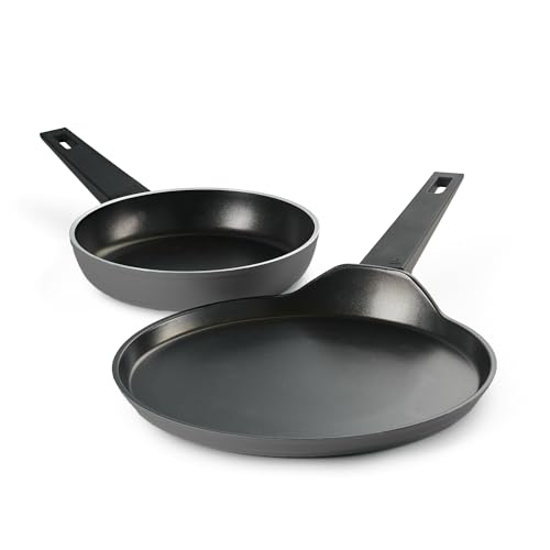 Image of TRAMONTINA Chroma Cookware Set of 2 - Fry Pan 20 cm & Dosa Tawa 28 cm | Ceramic Reinforced Cookware | Cold Forged | Bakelite Handle | All Cooktop Compatible | Dishwasher Safe Grey
