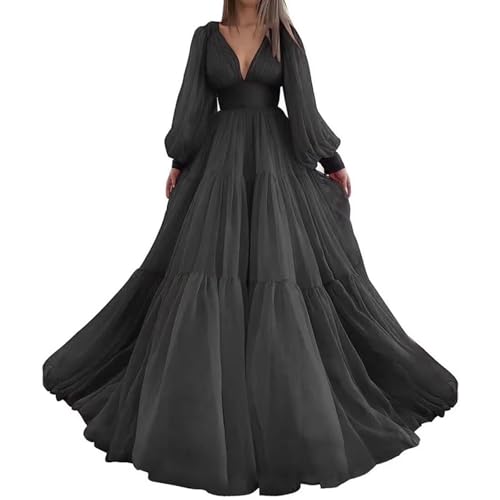 Women’s Deep V Neck Formal Evening Gowns Long Puffy Sleeve Prom Dress Tulle Maxi Wedding Guest Dress 2025