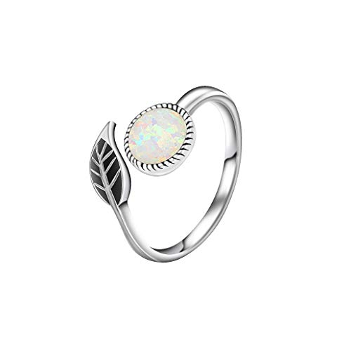 VENSERI S925 Sterling Silver Created Opal Laurel Leaf Oxidized Adjustable Branch Ring (White)