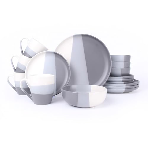ROYALFORD 16 Piece Stoneware Dinnerware Set | Microwave, Dishwasher & Freezer Safe Durable Crockery Set | Includes Dinner & Dessert Plates Cereal Bowl & Mugs Kitchen Dinner Set for 4 People Cloud Grey