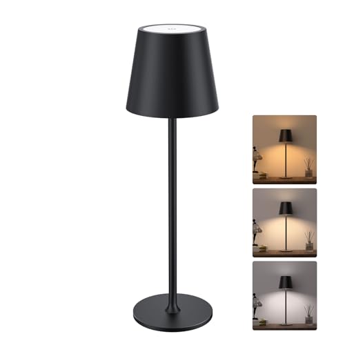JACKYLED Rechargeable Table Lamp, 5000mAh Portable LED Cordless Lamp, 3 Adjustable Heights, Smooth Dimmable in 3 Colors, Waterproof for Bedroom, Dining, Outdoor - Black