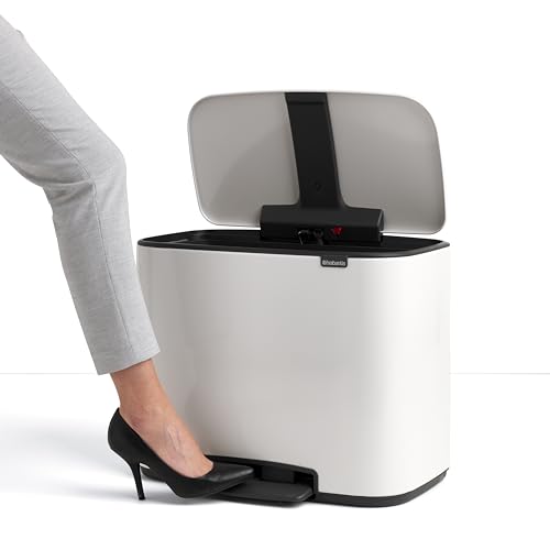Image of Brabantia Bo Step-On Kitchen Trash Can with Single Compartment | White | 9.5 Gal Inner Bucket | Soft-Close Garbage Can, Light Pedal Operation, Stay-Open Lid | Fits Against Wall | + Trash Bags