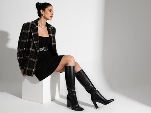 Image of Modatope Knee High Boots Women Pointed Toe Boots Chunky Heel Side Zipper