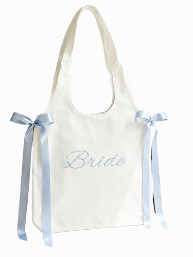 Bolso Tote blanco de lona con lazos azul satín miniatura 1