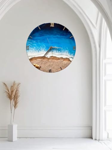 Image of Handmade Resin Wall Clock with Roman Numerals - Luxury Marble Effect Designer Wall Clock with Gold Finish, Silent Quartz Movement, Modern Home & Office Decor (Sea Blue)