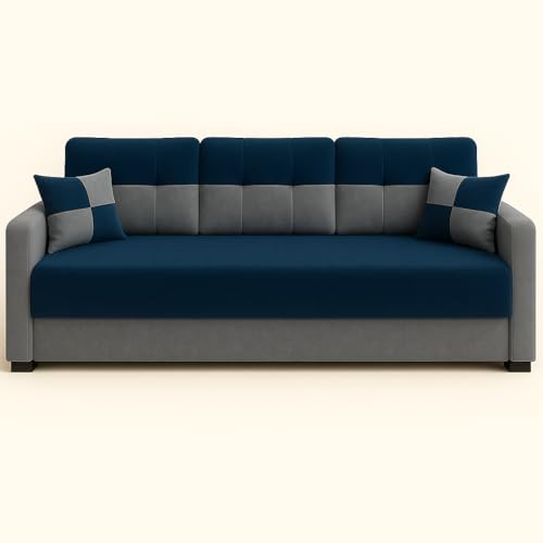 Image of FURNY Premium Opula 3 Seater Sofa Set, Fabric 3 Seater Sofa Set for Living Room | with Velvet Fabric | in Dark Blue & Light Grey Color
