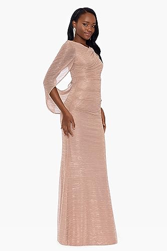 Image of Betsy & Adam Women's Long Stretchy Metallic 3 /4 Sleeve Cowl Neck Drape Back Formal Dress