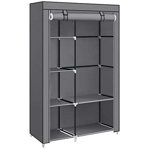 SONGMICS Grey Fabric Wardrobe with Shelves Cover