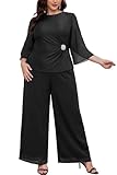AOVDE Plus Size Dressy Pant Suit: Mother of Bride 2 Piece Chiffon Pantsuit for Women Sequin Wedding Guest Party Outfit Matte Black 20