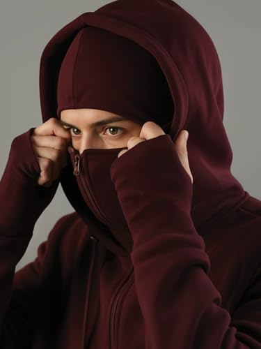 Image of ADRO Men Balaclava Hoodies | 320 GSM Soft Cotton Zipper Hoodie | Thumb-Hole Cuff Gloves | Travel Jacket with Hood | Winter Sweatshirt