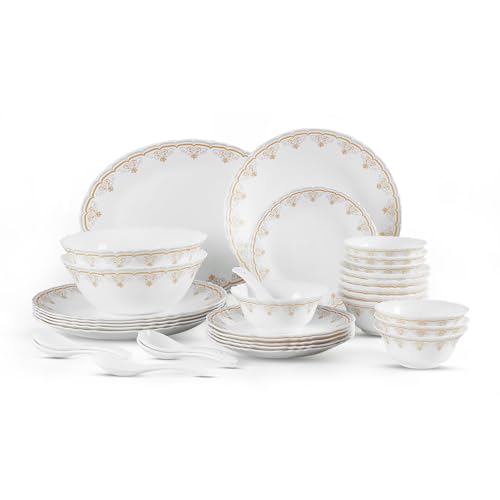 Image of CELLO Victor Imperial Plus Series Opalware Dinner Set of 33 Pieces For Family of 6 | Bone-Ash Free & Leadfree Opal Glass Microwave & Dishwasher Safe Crockery Plates & Bowls Set For Daily Use & Gifting
