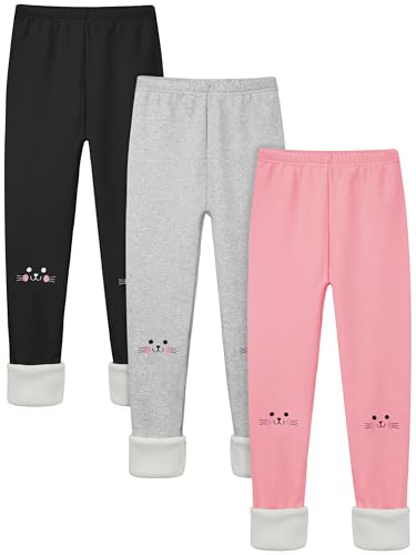 Cooraby 3 Pack Girls Fleece Lined Leggings Cotton Kitty Printed Winter Warm Tights Thick Elastic Thermal Pants for Kids