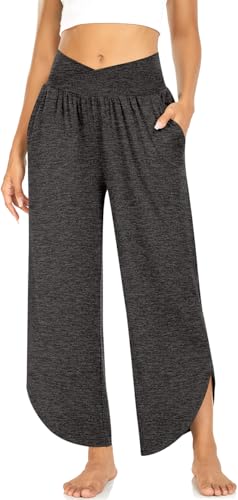 Image of TARSE Women's Wide Leg Yoga Pants Cross High Waist Flowy Split with Pockets | Comfy Lightweight Stretch, Flare Hem Cropped, Loose Dance Pants, Travel & Lounge, Everyday Casual Wear
