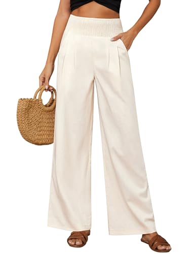 PASUDA Pantalones Mujer Verano Algodón Lino Pantalón Cintura Alta Elástico Casual Pantalones Suelto Cómodos Flojo Playa Pantalones de Anchos Mujer Largos (Beige, M)