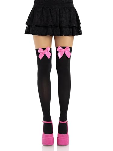 Leg Avenue Women's Opaque Thigh High Hosiery with Satin Bow, Black/Neon Pink, One Size