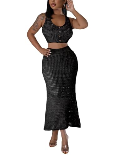 Image of Women Plus Two-Piece Skirt Set Tassel Fishing Net Knittin Hollow Out Off Shoulder Beach Dresses Swimsuit Cover Ups