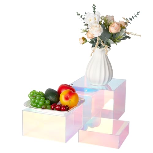 Jolboldy 3Pcs Iridescent Display Risers, Rainbow Acrylic Risers Display Stand Acrylic Cube Box for Collectibles Jewelry Perfume Handbag Food Dessert Party Show (Iridescent-3pcs)
