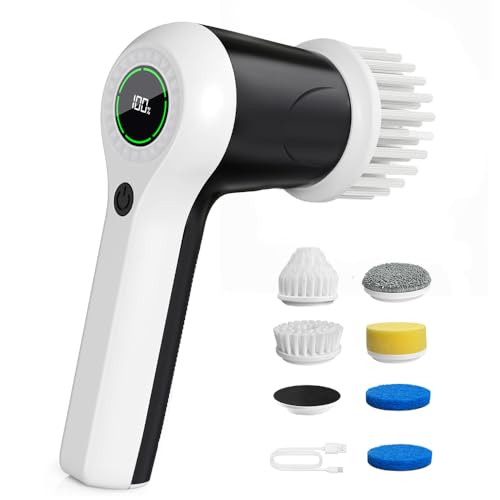 Electric Spin Scrubber Cordless Cleaning Brush with 6 Replaceable Heads (White & Black)