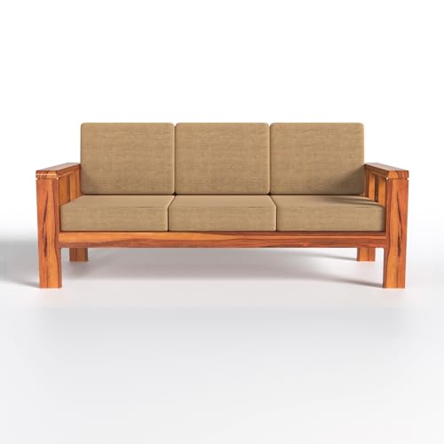 Image of Solid Wooden 5 Seater Sofa Set with Beige Cushion | Sheesham Wood Sofa Set 3+1+1 Sofa for Living Room in Natural Teak Finish