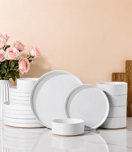 Image of AmorArc Ceramic Dinnerware Set for 6 | Speckled Stoneware Plates and Bowls with Rustic Terracotta Underside| Scratch Resistant,Dishwasher & Microwave Safe Dishes Sets- 18pcs White