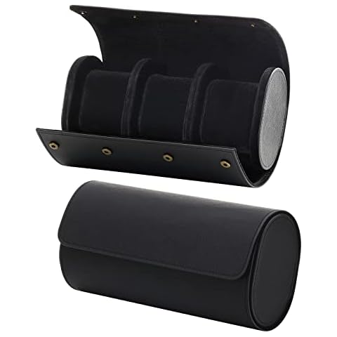 Emibele Watch Roll Travel Case, 3 Slot PU Leather Watch Case for Men and Women, Watches Collection with Removable Pillows & Solid Dividers for Home Storage, Travel and Display, Black Cover