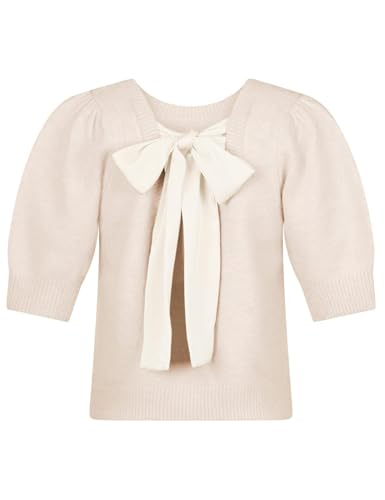 Image of Seyumixi Women Cute Bow Sweater Puff Short Sleeve Crewneck Knitted Shirt Bowknot Tie Back Knit Pullover Tops