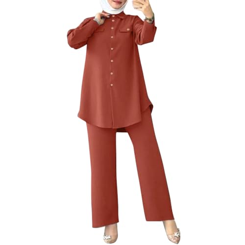 Image of ODIZLI Muslim Long Sleeve Blouse Wide Leg Pants Suits Autumn Solid Abaya Women Matching Sets 2PCS Tracksuits Turkey Kaftan