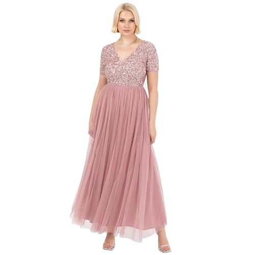 Maya Deluxe Damen Ballkleid Abendkleid V-Ausschnitt Maxi Länge Pailletten Kurze Ärmel Für Hochzeit Geburtstag Brautjungfer Bridesmaid Dress,...
