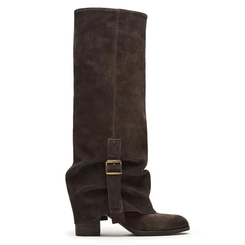 Suede Knee High Boots Women Fold Over Shark Boots Pull On Chunky Heel Comfortable Slouchy Tall Boot