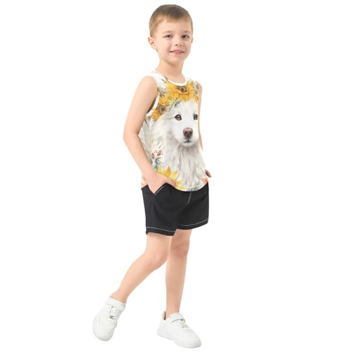 Boys' Tank Top Shirt Samoyed Dog Sunflower Autumn Leaves Sleeveless T-Shirts4