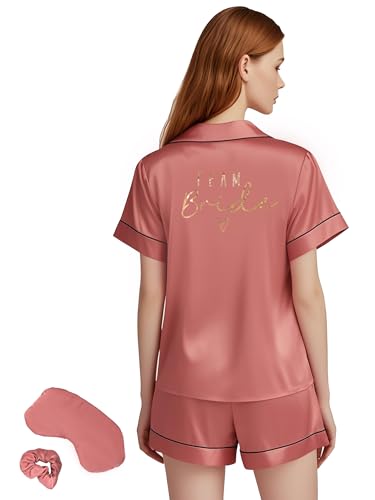Image of MI X TEE 4Pcs Bride Pajama Summer Silk Pajamas for Team Bride Short Sleeve Shorts PJS Matching Pajamas with Bridesmaid
