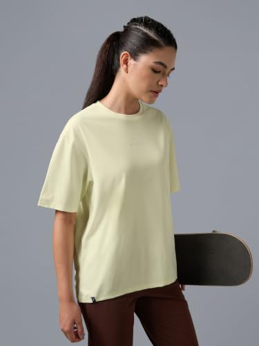 Image of TECHNOSPORT Women's Printed Boxy Fit Round Neck T-Shirt COTFLEX Half Sleeve Slip On Polyester for Gym Yoga Workout UPF50+ Anti Odour