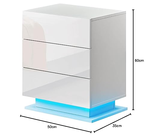 CLIPOP 3 Drawers Bedside Table, White High Gloss Front Bedside Table with Bottom LED Lights, Modern Nightstand Cabinet for Bedroom Living Room Office