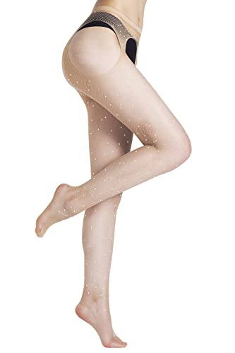 Lookswe Sparkly Rhinestone Stockings Women Sexy Fishnet Tights Glitter Pantyhose Nude One Size3