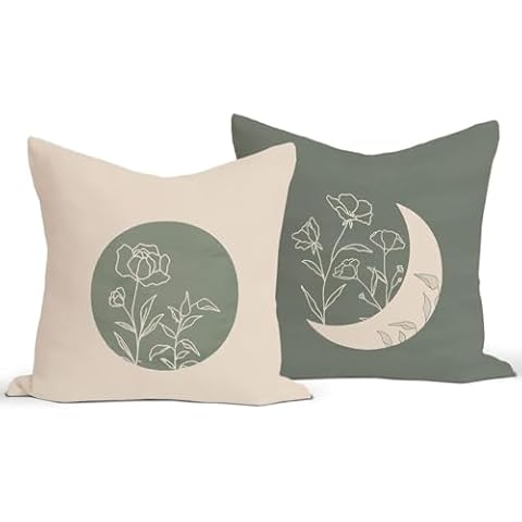 Rusenbao Sage Green Floral Throw Pillow Covers - Abstract Plants Mid Century Modern Sun Moon Aesthetic Throw Pillows Decorate Home Bedroom Living Room, 18x18 Inch Pillowcase Set of 2 Cover