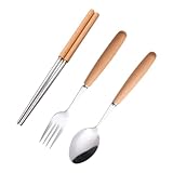 HONMEET Cubiertos Portátiles de Acero Inoxidable y Mango de Madera Duradero de Tenedor Cuchara y Palillos para Uso Familiar Picnic y Camping